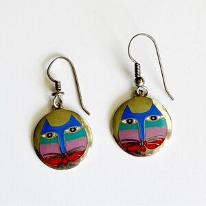 Vintage Laurel Burch Moon Cat Silver Tone Circle Dangle Earrings